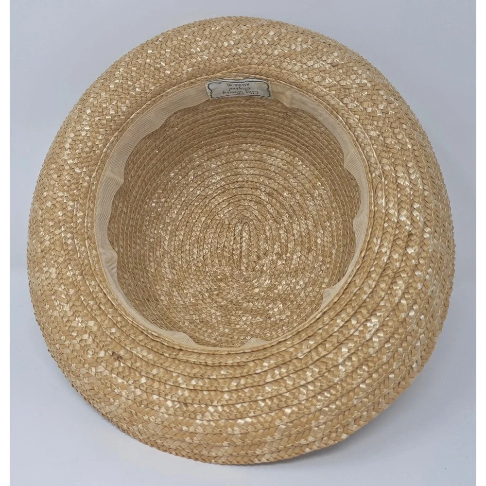 Ellen Deering Original Straw Boater Hat Womens 7-1/8 Tan Floral Ribbon
